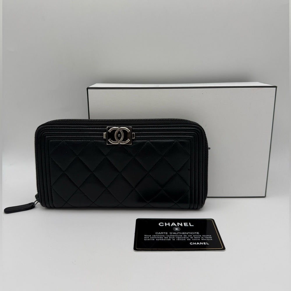 Chanel Lambskin Quilted Boy Zip Around Wallet Black
